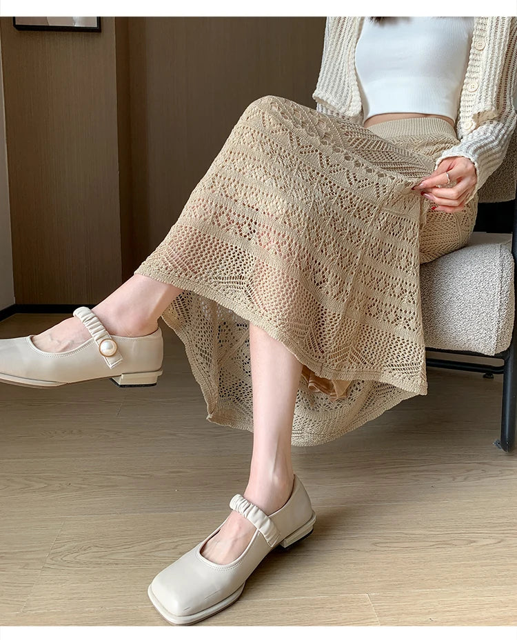 Skirts Women Trumpet High Waist Long Skirt Female Summer Elegant Knitted Hollow Out Fahison Skirt Bottom