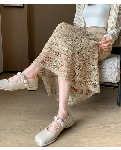 Skirts Women Trumpet High Waist Long Skirt Female Summer Elegant Knitted Hollow Out Fahison Skirt Bottom