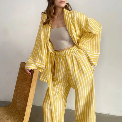 Women's Dress Sets Autumn New Striped Long-sleeved Loose Lace-up Top High-waisted Trousers Fashion Casual Suit for Women