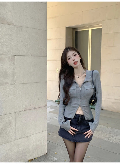 Women T-shirt Spring Autumn Clothes Ribbed Knitted Long Sleeve Short Tops Zipper Design Tee Sexy Female Slim Tops