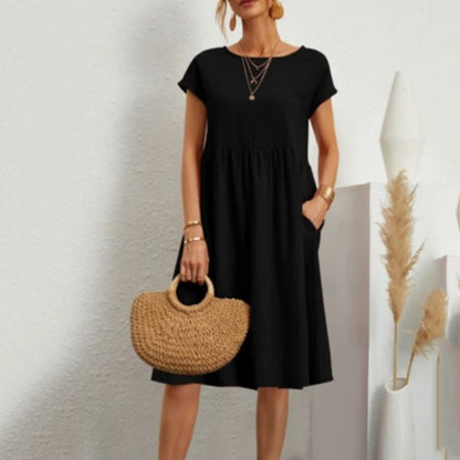 Women's Dresses 2025 Summer Fashion Casual Dresses Women Loose Mid Length Over Knee Dress New Short Sleeve Solid Dress Woman