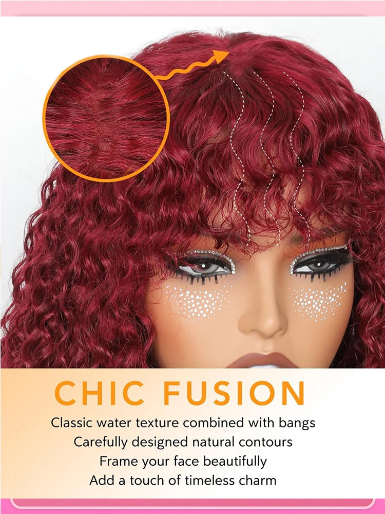 Curly Wig with Bangs Human Hair 99J Burgundy Water Wave Color Wigs Red wig with Bangs Colored 100% Brazilian Human Hair