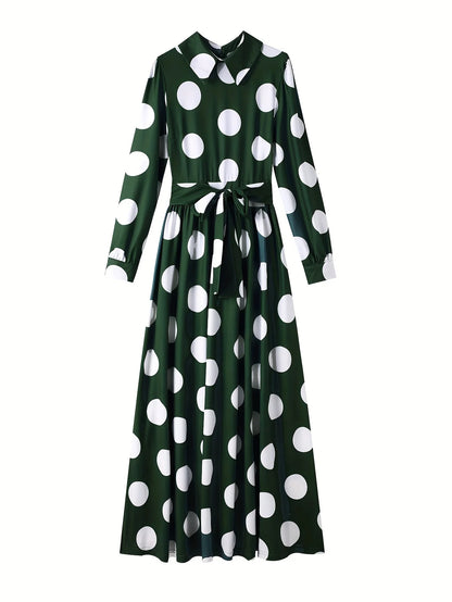 Casual Dresses Elegant Women Long Dress Sleeve Female Robe Bow Knot Polka Dots Girl's Vestidos Lady's Maxi Dresses