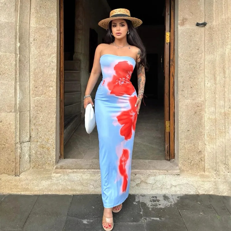 Women's Dresses Summer New Streetwear Fashion Print Casual Slim Dress Sexy Off Shoulder Elegant Female Club Party Dress Clothing