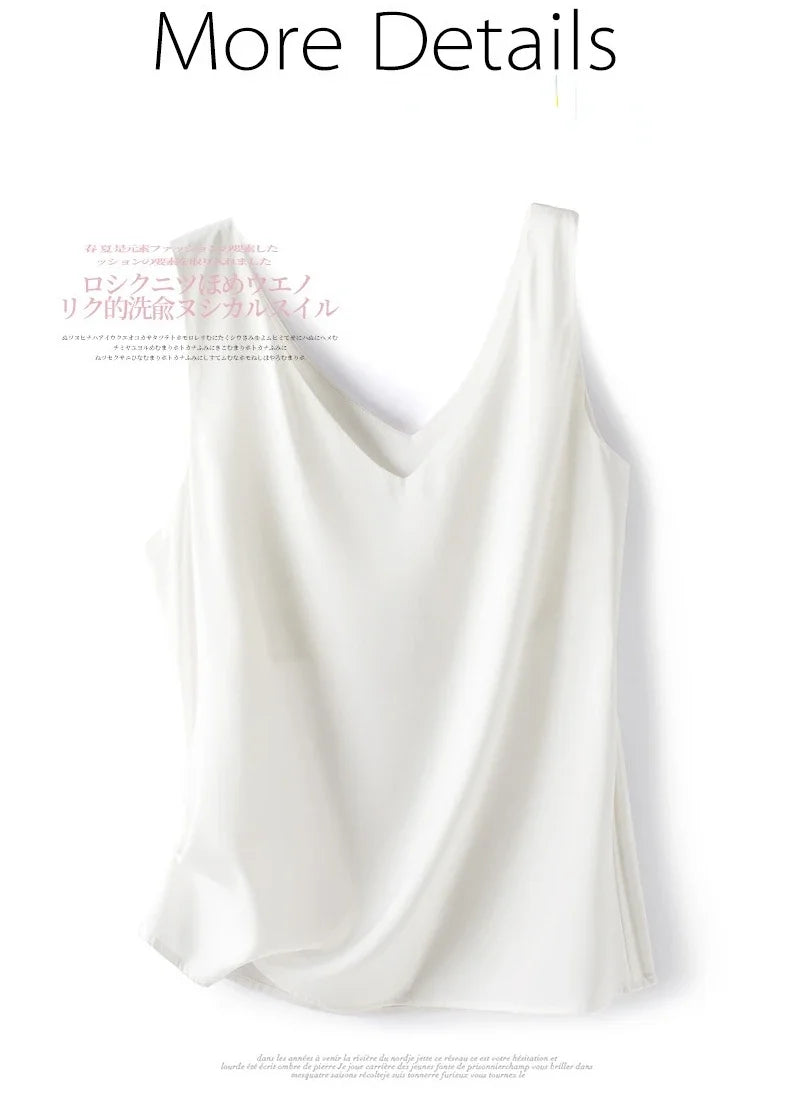 Woman T-shirts Elegant SILK Satin Blouse Sleeveless Female Summer 2023 Casual Loose Tanks and Camis Solid Green Tops for Women