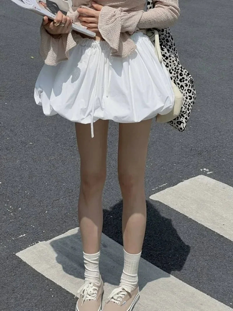 Ropa Skirts for Women 2025 Mini Black White Korean Style Jupe Faldas Mujer Elastic Waist Retro Khaki Drawstring Flower Bud Skirt