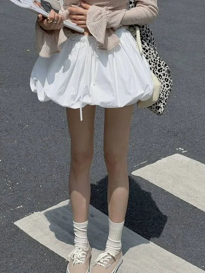 Ropa Skirts for Women 2025 Mini Black White Korean Style Jupe Faldas Mujer Elastic Waist Retro Khaki Drawstring Flower Bud Skirt