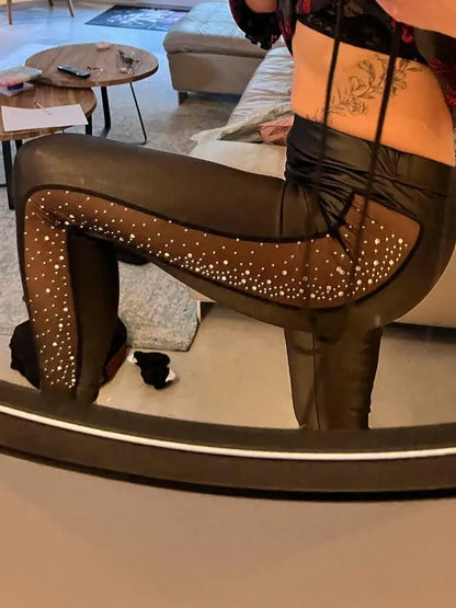 Women's Long Pants 2025 Spring/Summer New Women's Casual Water Diamond Contrast Mesh High Waist Tight Pants