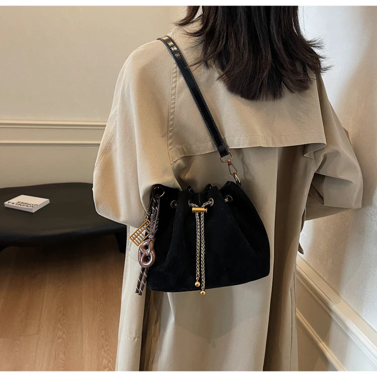 Women Vintage One Shoulder Bag Frosted Solid Drawstring Soft All-Match Bucket Bags High-Grade Versatile Commute Crossbody Packs