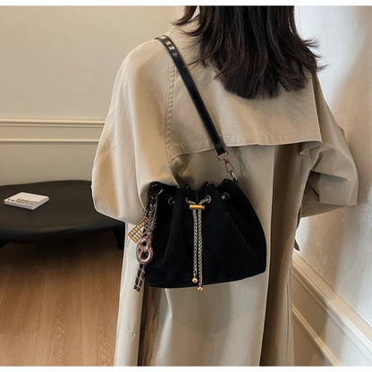 Women Vintage One Shoulder Bag Frosted Solid Drawstring Soft All-Match Bucket Bags High-Grade Versatile Commute Crossbody Packs