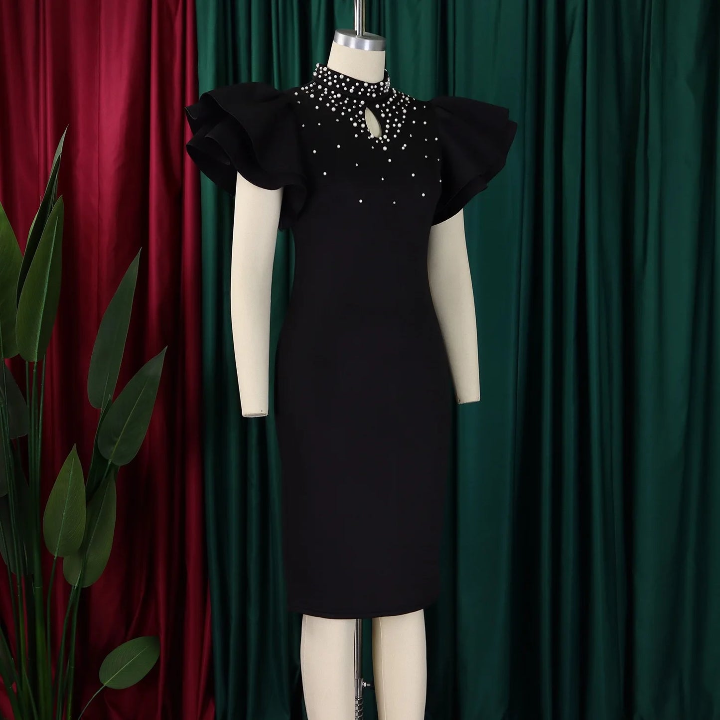 Elegant Dresses for Women O Neck Ruffles Sleeve Beaded Sheath Package Hips Mid Calf Luxury Birthday Party Dinner Vestidos Mujer