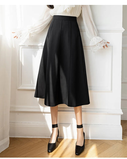 Women's Skirt 2025 Spring Women High Waist Solid Vintage Girl's Waist Down Skirt Knee-length A-line Fashion Thin Skirt for Women