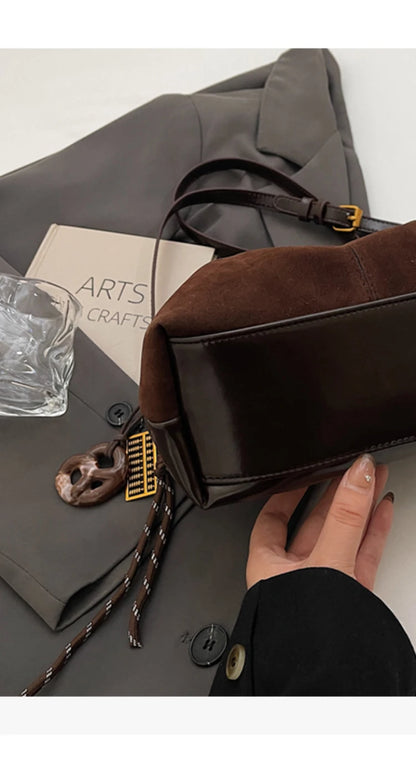 Women Vintage One Shoulder Bag Frosted Solid Drawstring Soft All-Match Bucket Bags High-Grade Versatile Commute Crossbody Packs