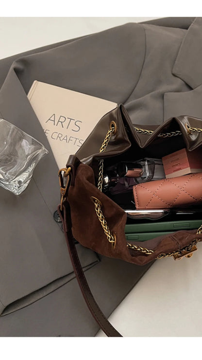 Women Vintage One Shoulder Bag Frosted Solid Drawstring Soft All-Match Bucket Bags High-Grade Versatile Commute Crossbody Packs