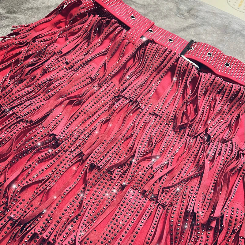 Women Skirt Fashion 2025 New Autumn High Waist Belt Multi Layer Short  Heavy Drilling Rhinestones Fringed Skirt with Cake A Line