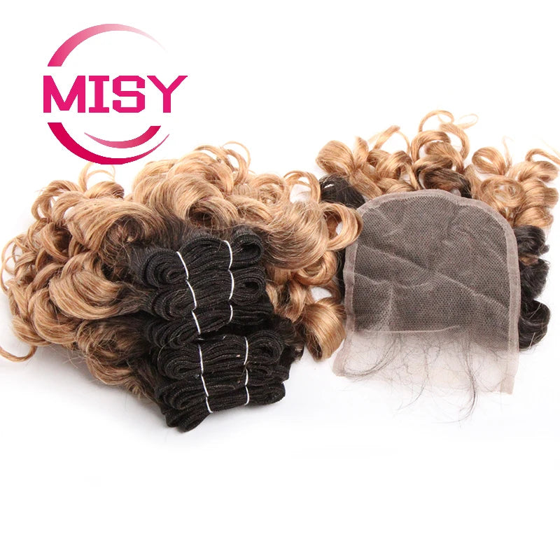 Curly Hair Bundles Brazilian Human Hair Weave 6 Bundles With Lace Closure Colored 1B/27/30/33/99J Short Hair Extension For Women