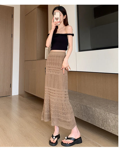 Skirts Women Trumpet High Waist Long Skirt Female Summer Elegant Knitted Hollow Out Fahison Skirt Bottom