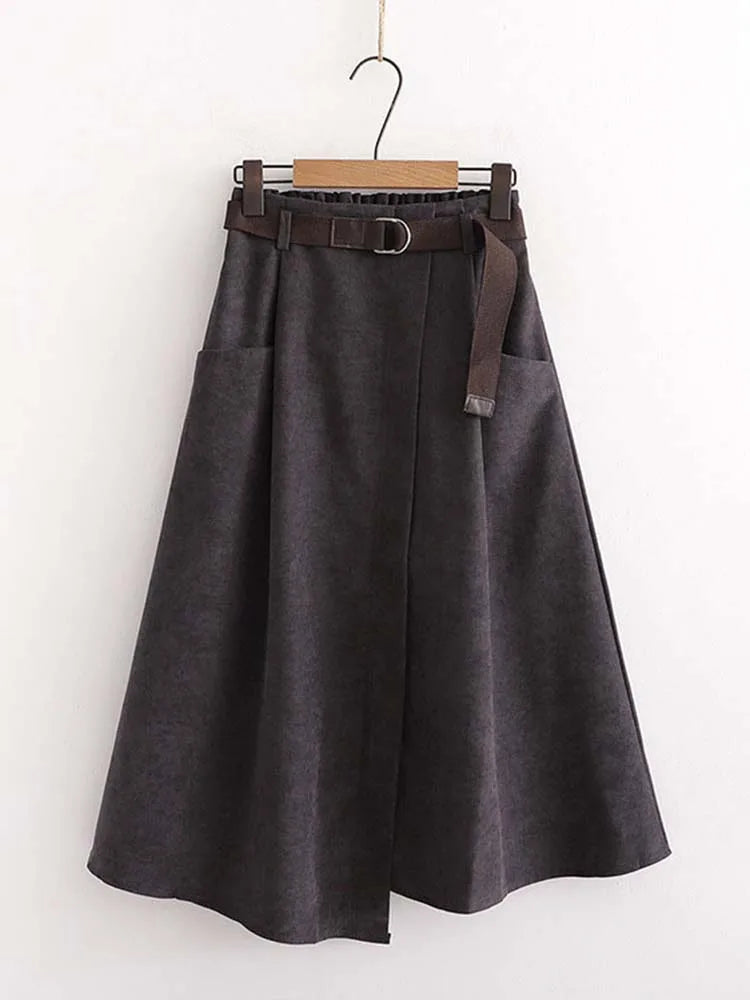 Women Casual Skirts Spring And Autumn Solid High Waist Irregular Pockets Midi Skirts Fashion Simple Elegant Saia Faldas