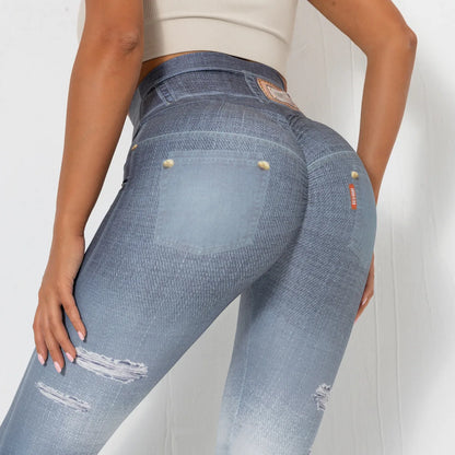 Push Up Yoga Pants Women Fitness Leggings Imitation Jeans Patchwrok Scrunch Tights High Waist Leggings Gym Workout Sport Leggins