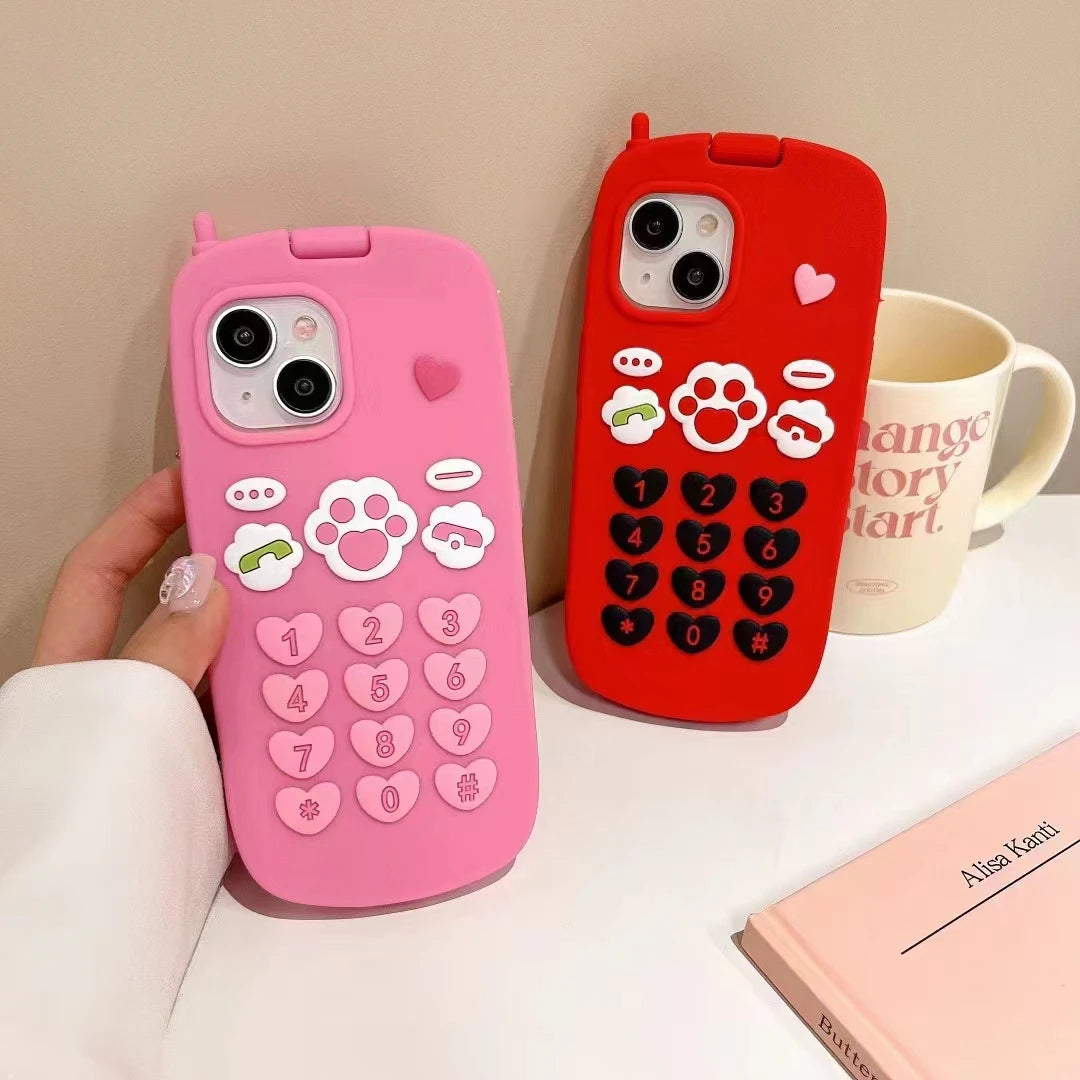 Cute 3D Hot Pink Bow Cellphone Model Flip Mirror Silicone Cases For iPhone 15 14 13 12 Pro Max 11 Shockproof Soft Cover Gifts
