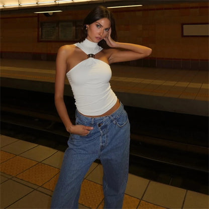 Women Fashion Sexy Tank Top Turtleneck Sleeveless Off-Shoulder Pullover Y2K Vest Summer Hanging Neck Cropped Tops Party Street