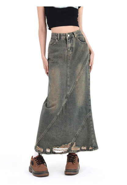 Women Denim Skirt Y2k Emo 2000s Clothes Long Skirt Harajuku Korean 90s Fashion Vintage Gradient A-line Jean Skirt Grunge Clothes
