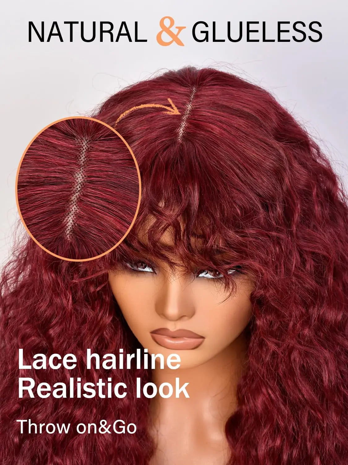 Glueless 200% Density 99J Burgundy Full Machine Made Deep Wave Wig with Bangs Water Wave Red Curly Human Hair Wigs Wear and Go