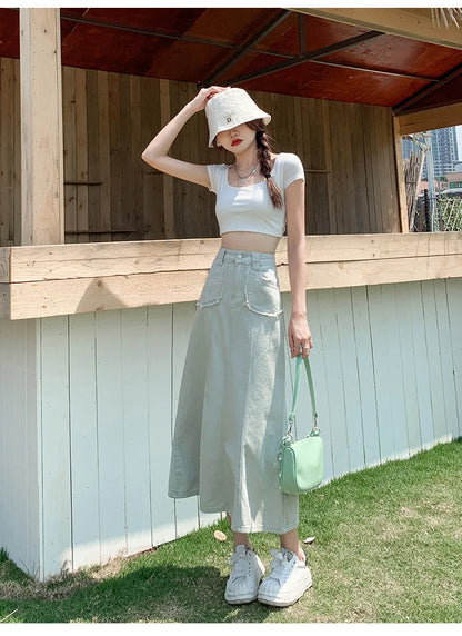 Apricot Denim Skirt Summer Women's 2024 New High Waist Slim Fashion Design Pocket Hip A-line Ankle-length Jean Skirt