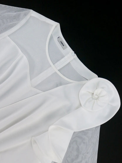 Elegant White Dresses for Women Pleated Ruffles Flower Tulle Sleeves Patchwork Classy Occasion African Wedding Guest Birthday