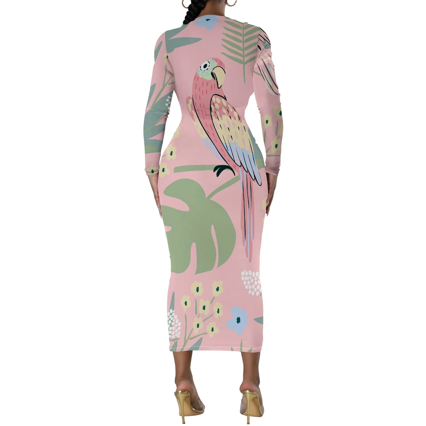 Date Night Dresses for Women Floral Print Crewneck Long Sleeve Stretchy Fitted Bodycon Maxi Dress