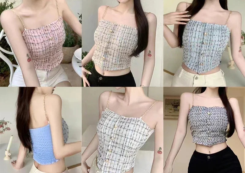 Women Summer Tweed Chain Chic Tank Tops Buttons Off Shoulder with Bra Pad Crop Tops Pleated Sexy Backless Sleeveless Sweet Camis
