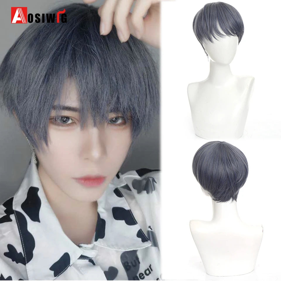 AOSIWIG  Short Curly Cosplay Men Boy Party Light Yellow Synthetic Heat Resistant Hair Wigs Men's Breathable Wig