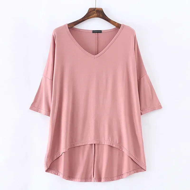 Fashion Tops Tees 2025 Summer T-shirt Women Half-Sleeve Solid Loose Shirt V-neck Oversize Basic Top Shirts for Women Casual
