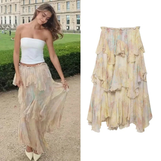 New Woman Skirts Features Printed Fabric With Elastic Waistband Mid-Rise Tierred Hem Long Skirts Prairie Chic Casual For Party
