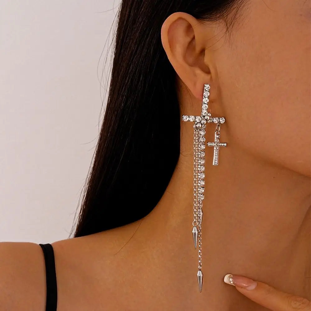 Inlaid Rhinestones Cross Earrings Exquisite Fashion Long Tassels Dangle Earrings Exaggerate Temperament Ear Stud Girls