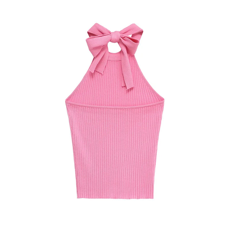 2025 Women's New Tops Summer Pink Halterneck Knitted Sleeveless Top Bow Trim Sexy Open Back Personality Fashion