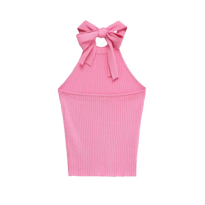 2025 Women's New Tops Summer Pink Halterneck Knitted Sleeveless Top Bow Trim Sexy Open Back Personality Fashion