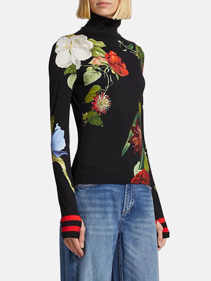 Women's Fashion Printed Pullovers Tops 2025 New Spring Autumn High Neck Long Sleeves Loose Fit Casual Trendy T-Shirts