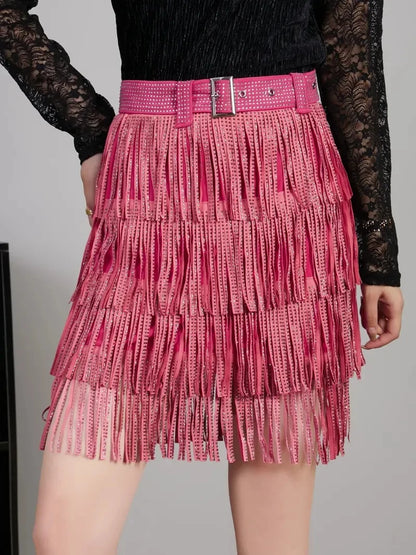 Women Skirt Fashion 2025 New Autumn High Waist Belt Multi Layer Short  Heavy Drilling Rhinestones Fringed Skirt with Cake A Line