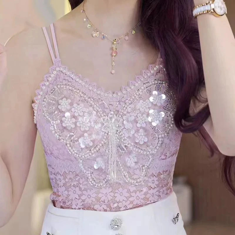 Women Clothing Heavy Beading Floral Tank Sexy Crop Tops Ropa Mujer Lace Butterfly Top Navel Baring Sexy Cropped Top Summer Camis