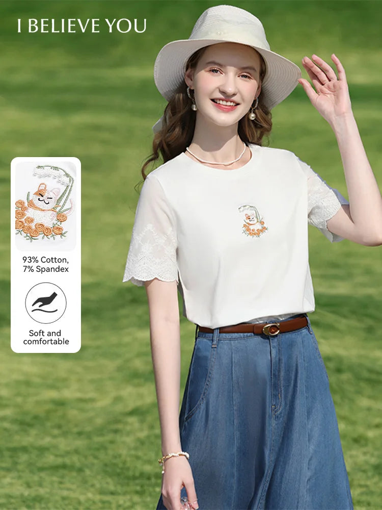 I BELIEVE YOU Top For Women 2025 New Summer T-shirt White O-Neck Studded Beads Embroidery Splicing Commuting T-shirt 2252016014