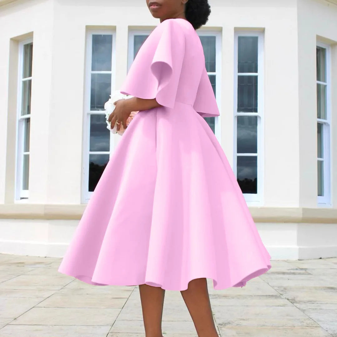 Dress Women Sexy Dresses White Round Neck Flare Sleeve Party Sheath Pleated High Waist Work Elegant Bodycon Mid Length Vestidos