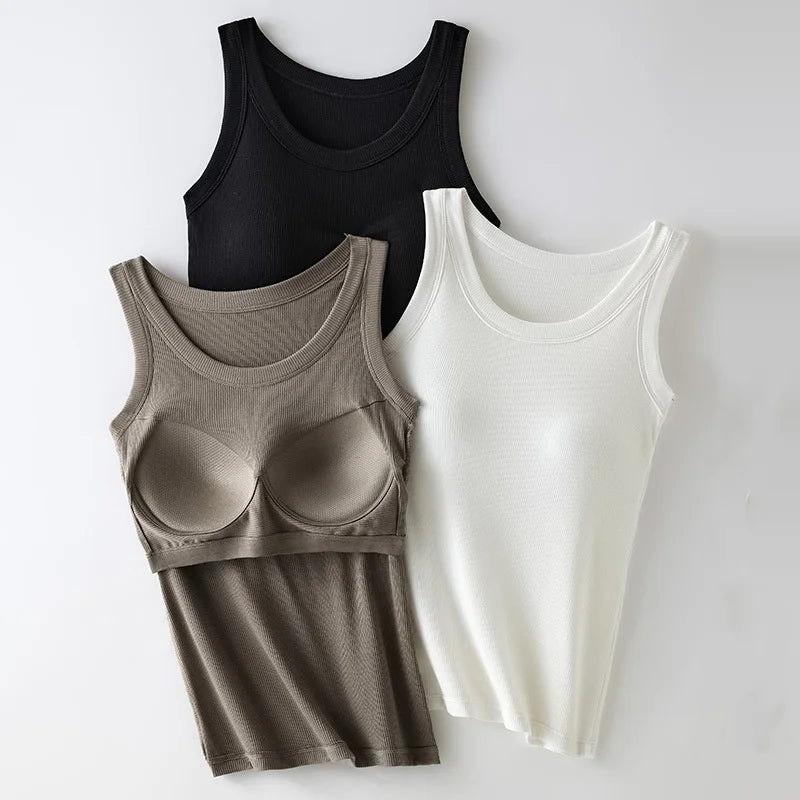Women's Vest Tops With Built In Bra Neck Vest Padded Slim Fit Tank Tops Sexy Shirts Feminino Casual Underlay Shirt Slimming