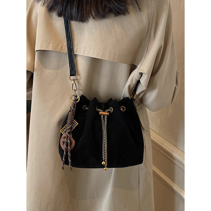 Women Vintage One Shoulder Bag Frosted Solid Drawstring Soft All-Match Bucket Bags High-Grade Versatile Commute Crossbody Packs