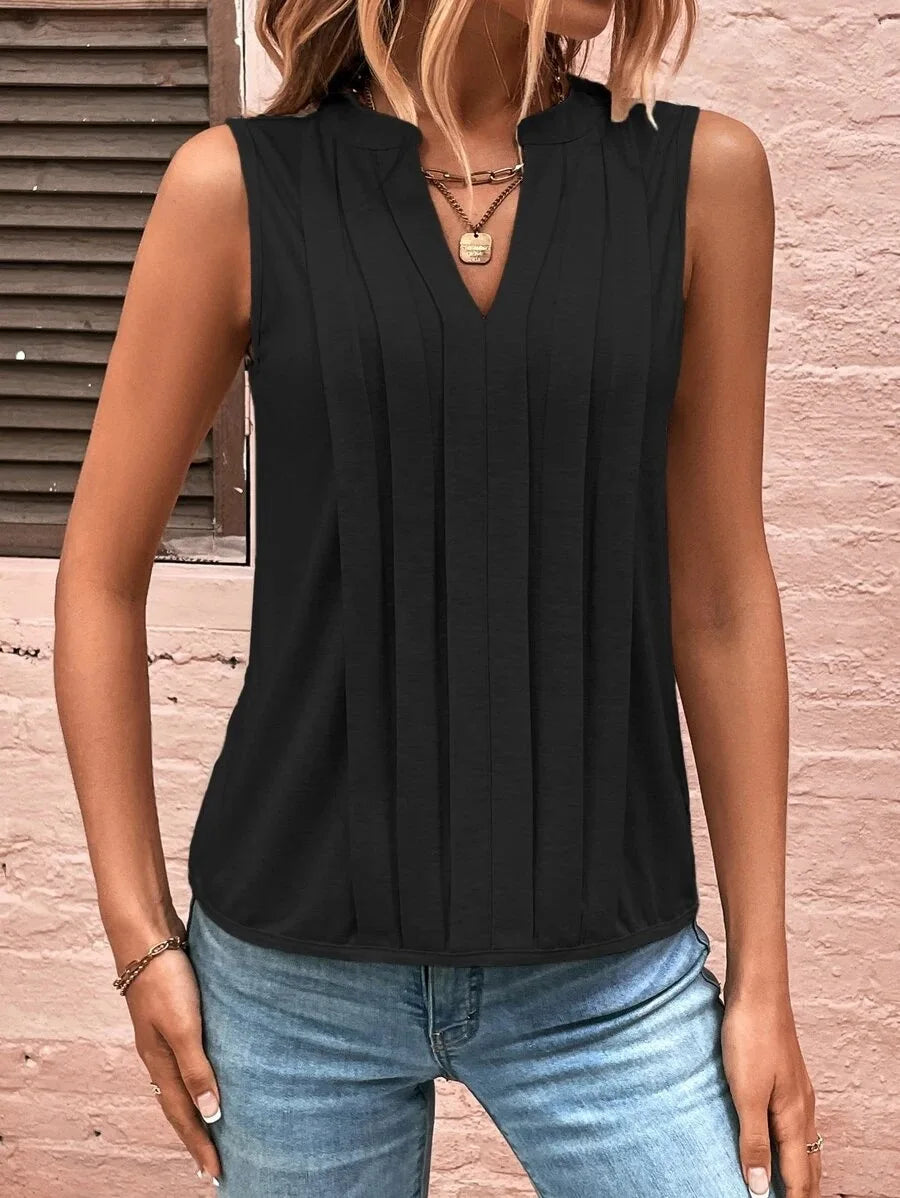 Women's Knitted Top Sleeveless T-shirt Summer New Fashion Style Elegant Pleated V-neck Tank Top Women's Top Tees Loewe Tank Top