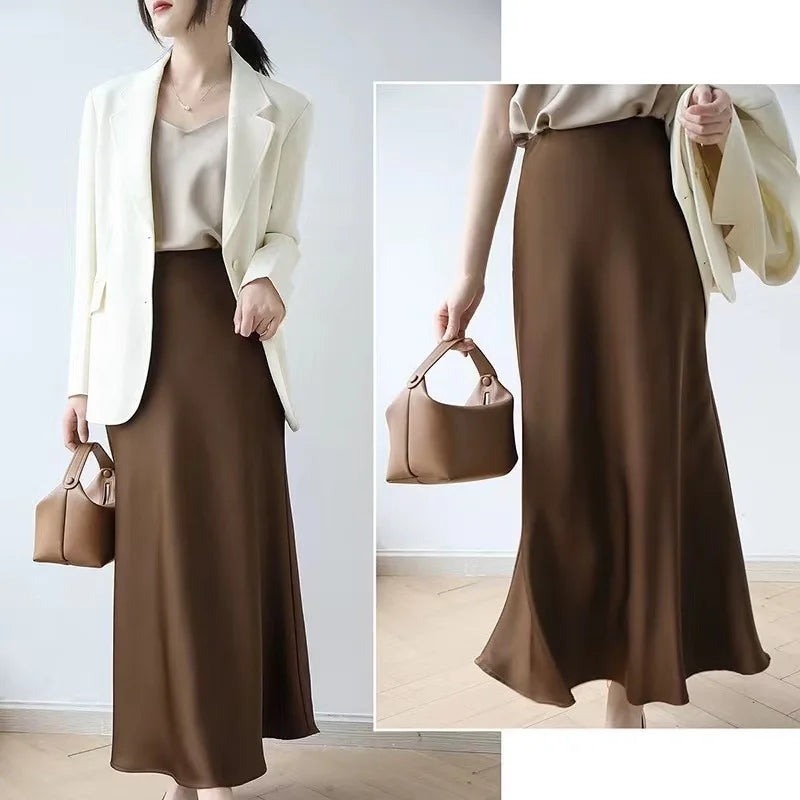 Long Skirts for Women High-waisted Thin Satin Acetate Silky Fishtail Skirt Korean Fashion Clothing Elegant Women's A-line Skirt