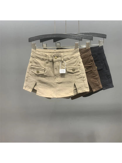 Women Khaki Denim Skirt Y2k Elegant A-Line Skirt Harajuku Korean Vintage Fashion 90s High Waist Jean Shorts Skirts 2000s Clothes