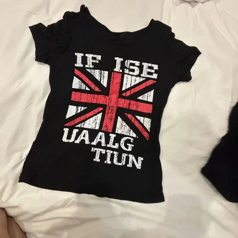 Women Crop Tops for Women Short-sleeved Y2k Vintage T Shirts 2024 Summer Streetwear Casual Black Grunge Letter Print Tees