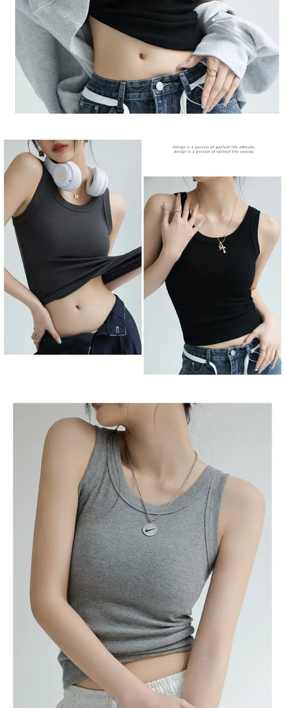 New Women Solid Round Neck Ribbed Tank Top Camisole Women Summer Basic Elastic TankTop One-piece Vest with Chest Pad Y2k