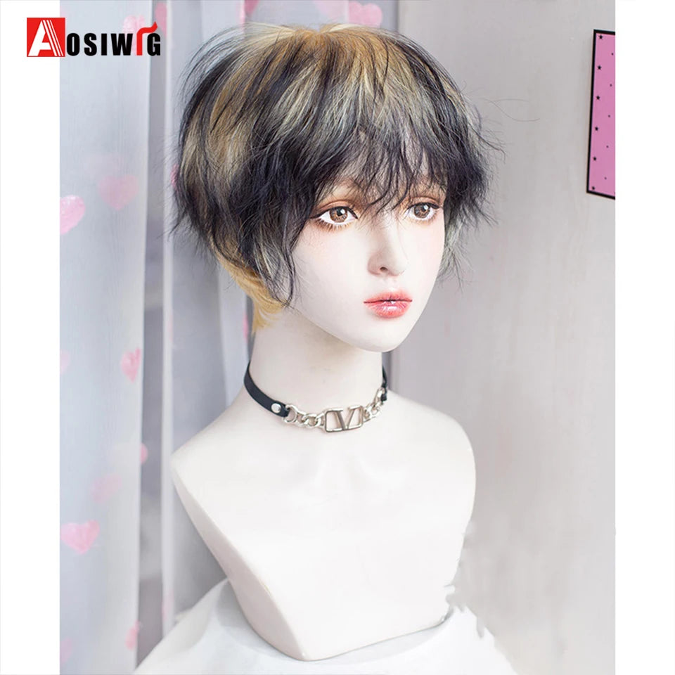 AOSIWIG  Short Curly Cosplay Men Boy Party Light Yellow Synthetic Heat Resistant Hair Wigs Men's Breathable Wig